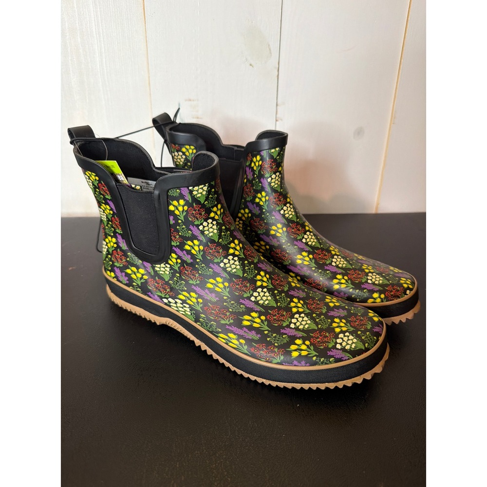 NWT Western Chief Black Floral Waterproof Chelsea Rain Boots Women's Size 10